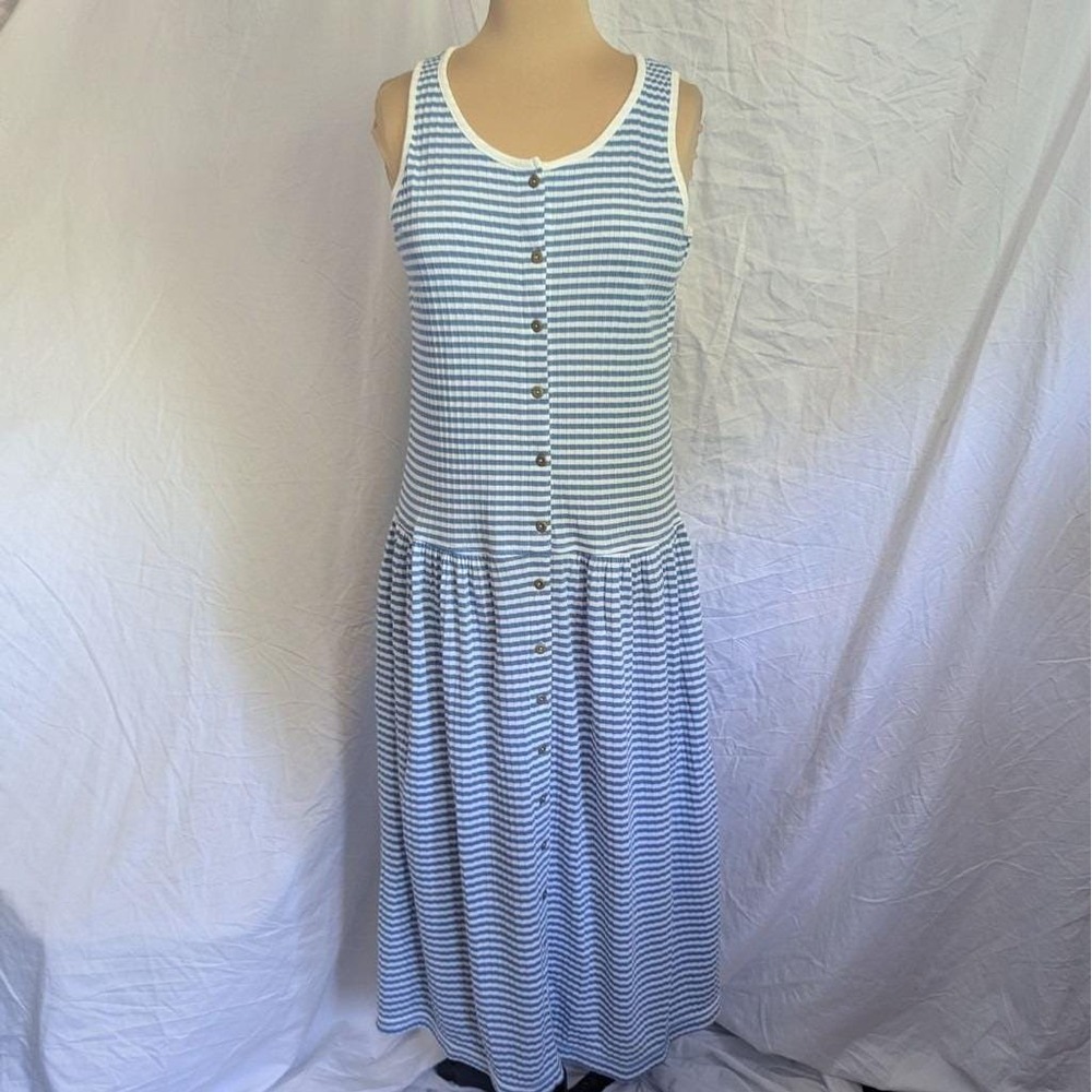Vtg 90s Maxi Dress Blue White Striped Ribbed Button Front Sz S Nautical Casual